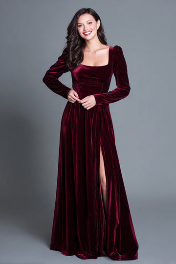 Robe formelle Vlevet à col carré bordeaux A Line avec fente